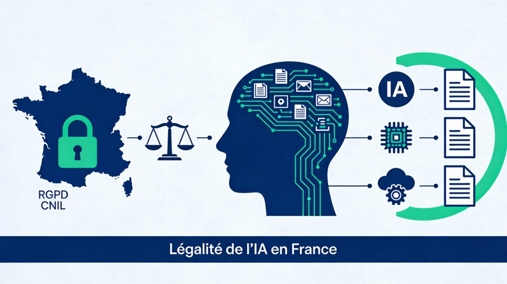 Illustration symbolique représentant la légalité de l'intelligence artificielle en France : une tête humaine stylisée formée de circuits et de données protégée par une balance de la justice, avec une carte de France et un bouclier RGPD à gauche, et des icônes d'IA responsables à droite, dans des tons bleu-vert institutionnels.